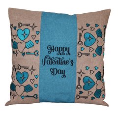 Подушка з вишивкою "Happy Valentines Day" (бежевий+голубой)