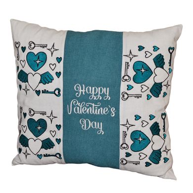 Подушка з вишивкою "Happy Valentines Day" (білий+блакитний)