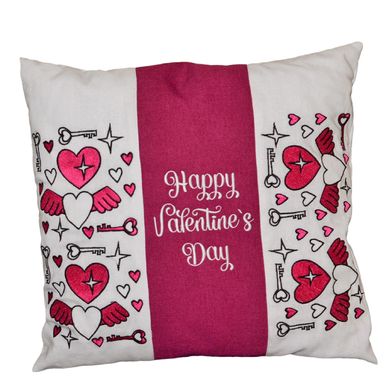 Подушка з вишивкою "Happy Valentines Day" (білий+рожевий)